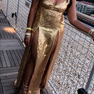 Gold sequin double split / slit Evening dress/gown